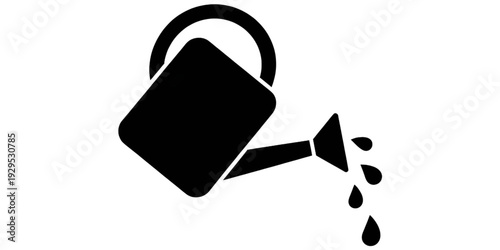 A black and white illustration of a watering can pouring water onto a plant. isolated on transparent background