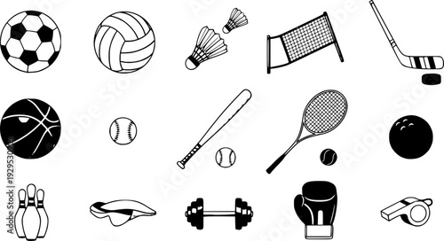 A versatile collection of sports equipment icons featuring various athletic items such as football, volleyball, badminton, and hockey, perfect for sports event graphics and fitness