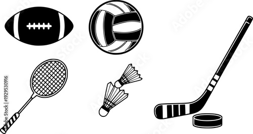 A versatile collection of sports equipment icons featuring various athletic items such as football, volleyball, badminton, and hockey, perfect for sports event graphics and fitness