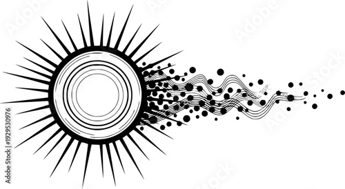 Stylized monochrome drawing depicting an energetic circular object radiating lines and releasing a dynamic stream of dots