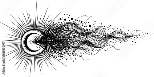 Stylized monochrome drawing depicting an energetic circular object radiating lines and releasing a dynamic stream of dots