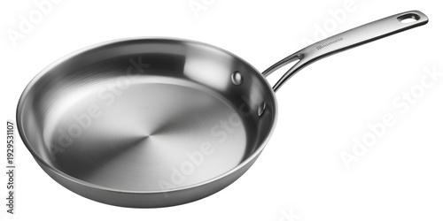 A shiny stainless steel frying pan with a long handle resting on a white background isolated on transparent background