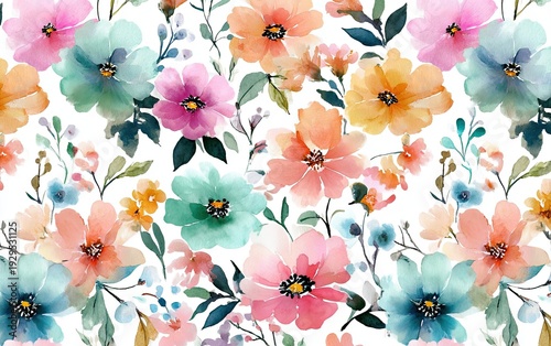 Watercolor floral pattern in vibrant pastels with intricate detail on a white background