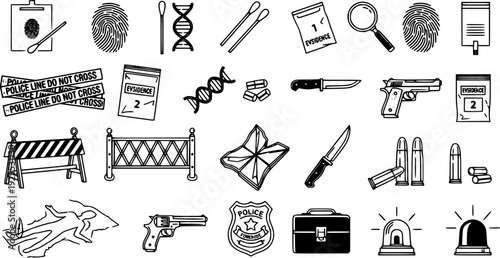 Essential visual assets depicting crime scene investigation elements such as forensic evidence, police barriers, and weapons, ideal for educational resources, legal graphics