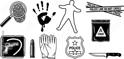 Essential visual assets depicting crime scene investigation elements such as forensic evidence, police barriers, and weapons, ideal for educational resources, legal graphics