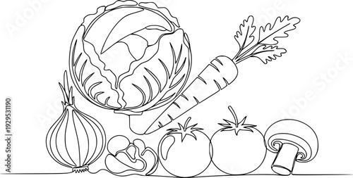 A minimalist continuous line drawing depicting fresh cabbage, carrot, onion, tomato, and mushroom, perfect for culinary content, healthy eating promotions, and foodrelated branding.