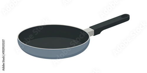 A black frying pan with a silver exterior and a black handle on a white background isolated on transparent background