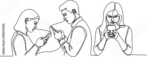 Three individuals depicted in a continuous line drawing, each observing their smartphones, symbolizing modern digital engagement and pervasive technology use for various media projects