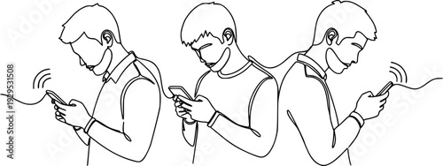 Three individuals depicted in a continuous line drawing, each observing their smartphones, symbolizing modern digital engagement and pervasive technology use for various media projects