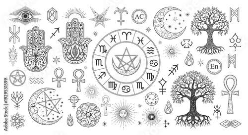 Collection of Esoteric Symbols and Mystical Elements.