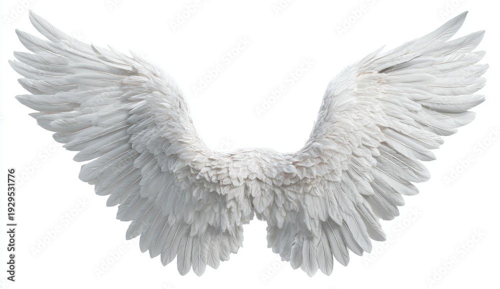 Fototapeta premium A detailed, frontal view of outstretched, pristine white wings isolated on a stark white backdrop