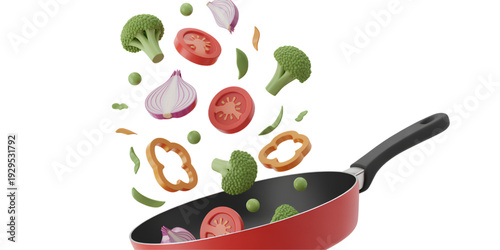 A vibrant and colorful array of vegetables being cooked in a red frying pan. isolated on transparent background