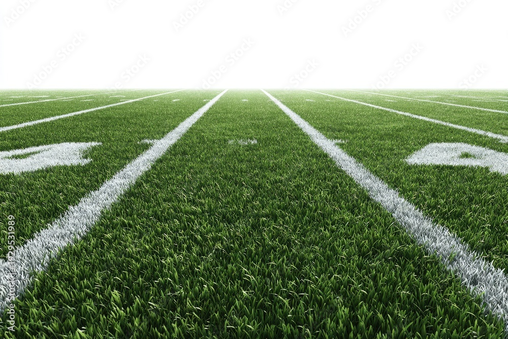 Obraz premium Low-angle view of a well-maintained grassy football field with yard lines receding to the horizon