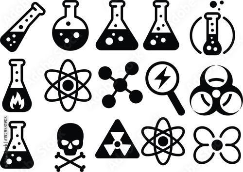 Assorted Black And White Icons For Science And Chemistry Research laboratory beaker