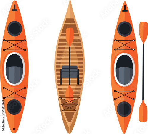 Kayak and Canoe Top View Vector Set with Paddle and Seat for Water Sport, Outdoor Adventure, River Rafting, and Summer Recreation Design.