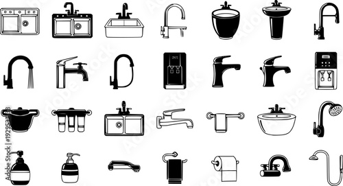 Diverse collection of kitchen and bathroom plumbing fixtures icons, including various sinks, modern faucets, water dispensers, and accessories, suitable for home renovation and product