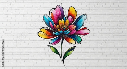 Colorful flower mural brightening an urban wall in an artistic neighborhood during a sunny afternoon, captivating passersby with its vibrant hues and lively design