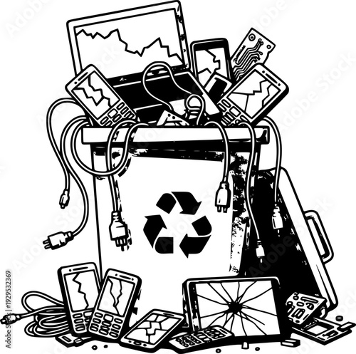 Recycling bin full of discarded broken electronics such as laptops, cellphones, and cables, perfect for conveying environmental protection and responsible ewaste disposal themes