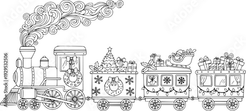 Hand drawn black and white Christmas holiday train with festive decorations and smoking locomotive