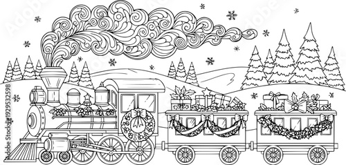 Hand drawn black and white Christmas holiday train with festive decorations and smoking locomotive