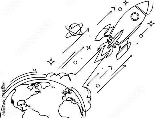 Simple hand drawn space elements featuring a sun, ringed planets, and a rocket, perfect for childrens books, educational