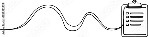 Continuous line drawing depicting a dynamic wavy path leading to a minimalist clipboard icon, ideal for business concepts, creative presentations, or task management themes in digital media