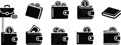 Assortment of black icons representing wallets money and financial transactions Keywords: wallet, money, cash, coins, dollar