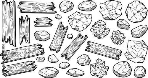 Collection of scattered hand drawn debris including broken wooden planks, crumpled paper pieces, and various shaped stones