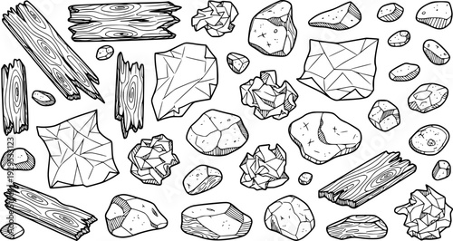 Collection of scattered hand drawn debris including broken wooden planks, crumpled paper pieces, and various shaped stones