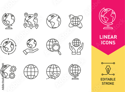 Vector linear icons for global communication world connectivity international logistics travel search and planetary network infrastructure services
