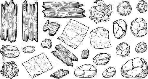 Collection of scattered hand drawn debris including broken wooden planks, crumpled paper pieces, and various shaped stones