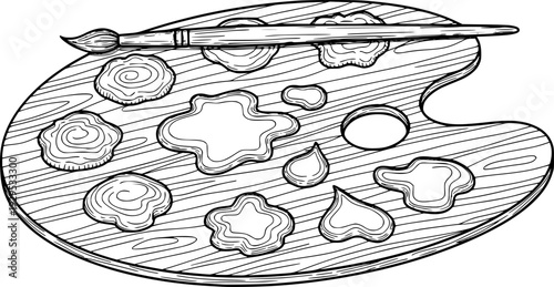 Detailed sketch of a painters wooden palette featuring various blobs of paint and a brush, ideal for educational content, hobby projects, or creative workshop
