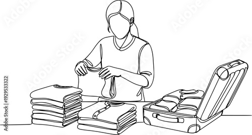 Continuous line drawing of a person folding laundry and organizing clothes for travel or home tidying concept for various lifestyle