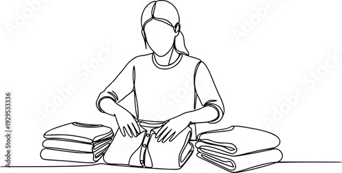 Continuous line drawing of a person folding laundry and organizing clothes for travel or home tidying concept for various lifestyle