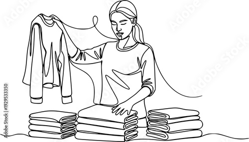 Continuous line drawing of a person folding laundry and organizing clothes for travel or home tidying concept for various lifestyle
