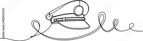Single continuous line art depicting a professional uniform cap, such as a police or captains hat, connected by a flowing abstract line