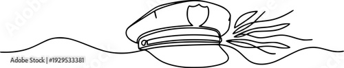 Single continuous line art depicting a professional uniform cap, such as a police or captains hat, connected by a flowing abstract line