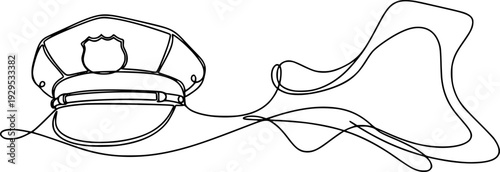 Single continuous line art depicting a professional uniform cap, such as a police or captains hat, connected by a flowing abstract line