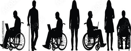 Disabled People and Wheelchair Users Silhouette Vector Set with Standing Men and Women for Accessibility, Inclusion, Rehabilitation, and Healthcare Design.
