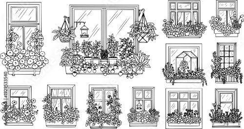 Collection of diverse urban balcony garden windows featuring vibrant flowering plants, fresh herbs, delicious fruits, and various succulents