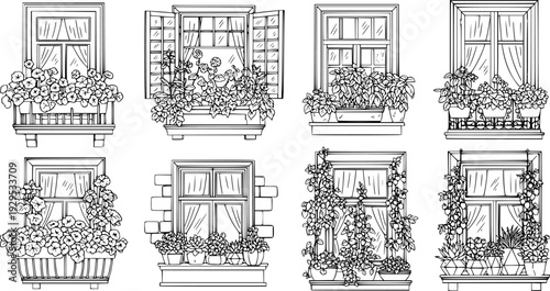 Collection of diverse urban balcony garden windows featuring vibrant flowering plants, fresh herbs, delicious fruits, and various succulents