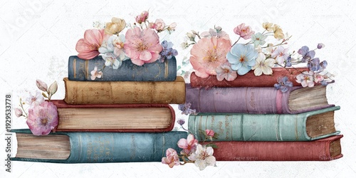 Watercolor image of stacked books adorned with colorful spring flowers and foliage