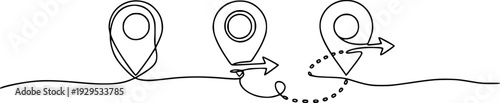 Continuous single line art drawing of three evolving location map pin icons, representing a journey, progress, or sequence