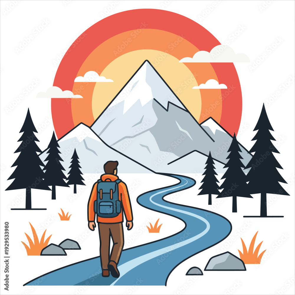 Fototapeta premium Man Hiking to Mountain Peak at Sunset – Flat Vector Adventure Illustration