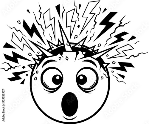 Expressive black and white drawing depicting a shocked emoticon with an exploding head effect and electric sparks, ideal for conveying stress, surprise, or overwhelming information
