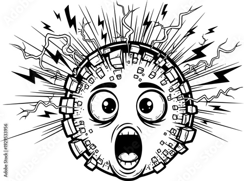 Expressive black and white drawing depicting a shocked emoticon with an exploding head effect and electric sparks, ideal for conveying stress, surprise, or overwhelming information