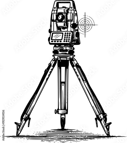 Professional surveying equipment total station on a sturdy tripod ready for precise land measurement and engineering site analysis applications.