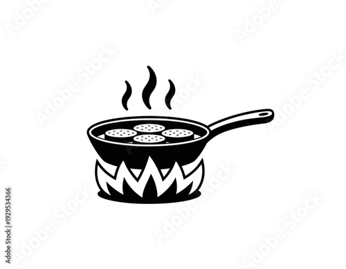 A small pot being heated on a stylized flame source with a wooden base isolated on transparent background
