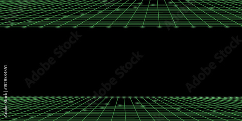 Wormhole portal emerging from glowing green grid lines on black background. Abstract tunnel of light and energy for futuristic tech and science visuals.