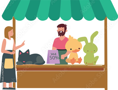 Pet Shop Market Stall Vector Illustration Featuring Seller, Customer and Domestic Animals Including Cat, Dog and Rabbit for Animal Store Concept